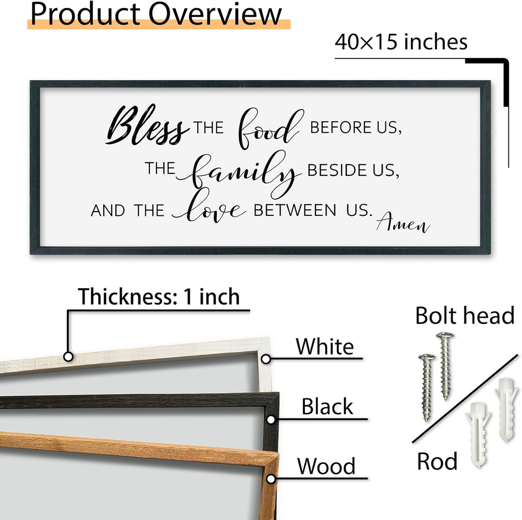SRSZHIYUE Bless the Food Before Us Wall Sign Decor 40"×15" Christian Bible Verse for Farmhouse Rustic Kitchen Dining Room Framed Wood Scripture Religious Jesus Prayer Wall Art (Black)
