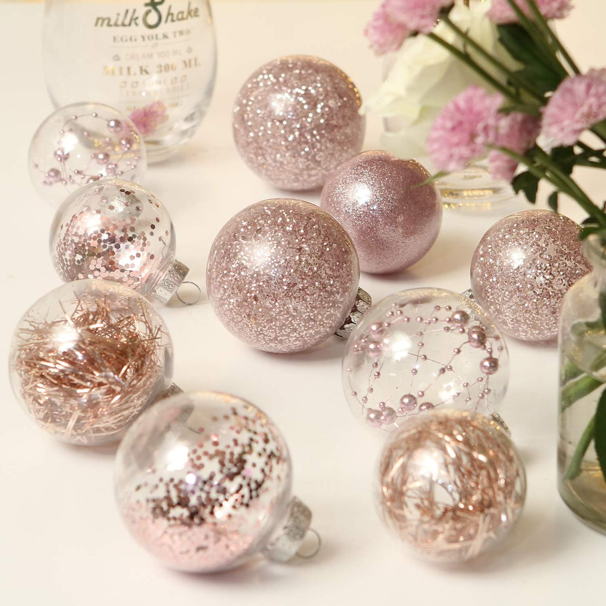 Sea Team Shatterproof Clear Plastic Christmas Ball Ornaments Decorative Xmas Balls Baubles Set with Stuffed Delicate Decorations (60mm/2.36 inch 30-Pack, Pinkish Gold)