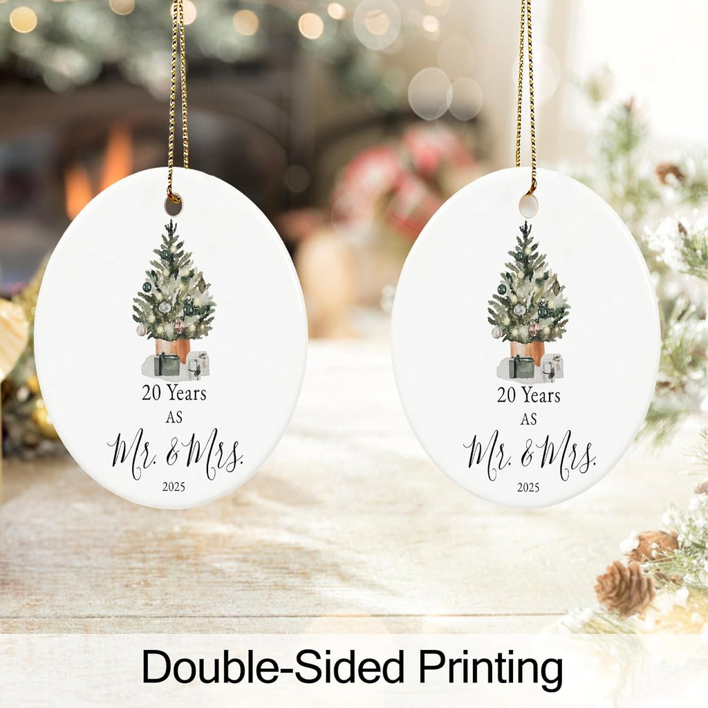 20th Anniversary Ornament Gifts for Couple, 20th Wedding Anniversary for 20 Year as Mr and Mrs Gifts, Ceramic Keepsake 20 Year Anniversary Christmas Ornaments with Ribbon and Box