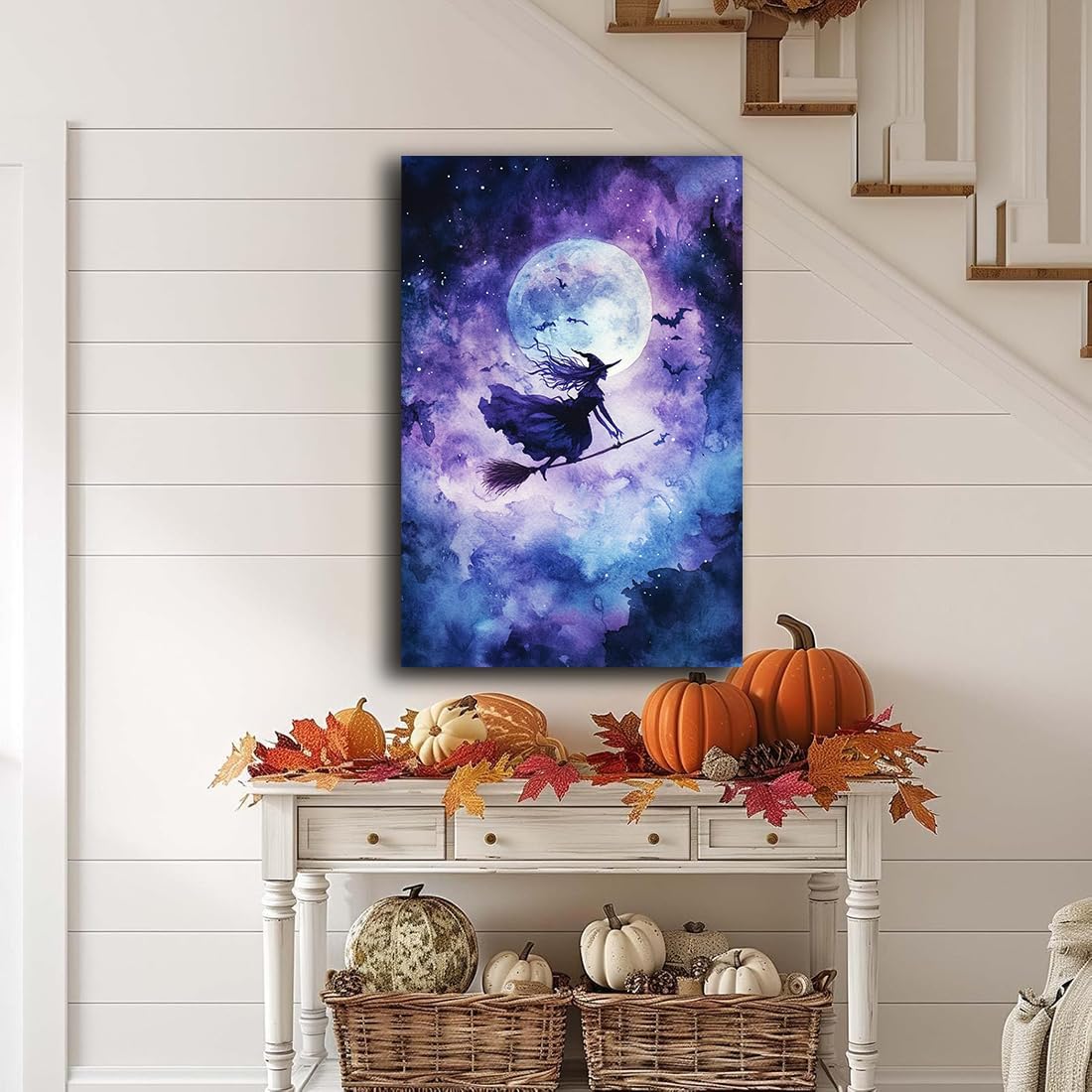 Witch On Broom Flying Wall Art,Gothic Halloween Canvas Wall Art,Victorian Witch Silhouette In Moonlight Broomstick Poster Pictures,Creepy Halloween Purple Night Sky Print,20"x30" Unframed