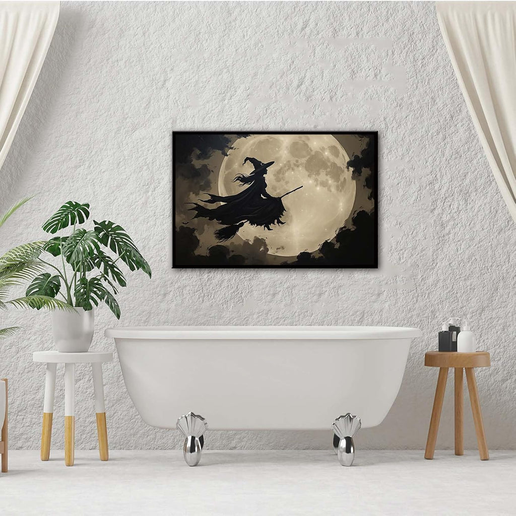 JFHCQJPK Full moon witch silhouette poster witch on magic broom Halloween mural poster decorative mural art suitable for home living room bedroom8x12in Metal blackFramed
