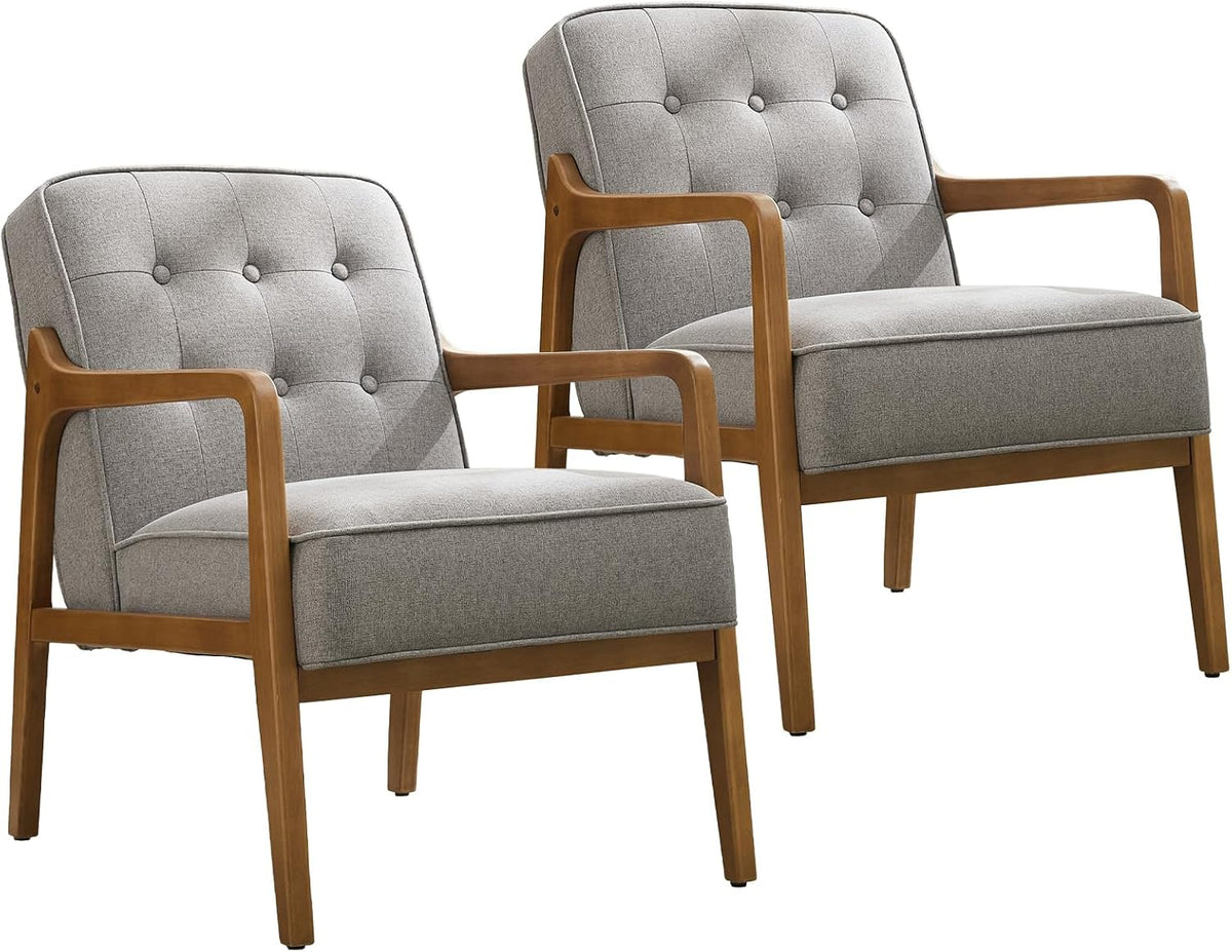 Linen Accent Chair Set of 2, Mid Century Modern Chair for Living Room, Upholstered Comfy Lounge Armchair with Solid Wood Frame, Reading Side Chair for Bedroom,105°Ergonomic Comfort, Grey
