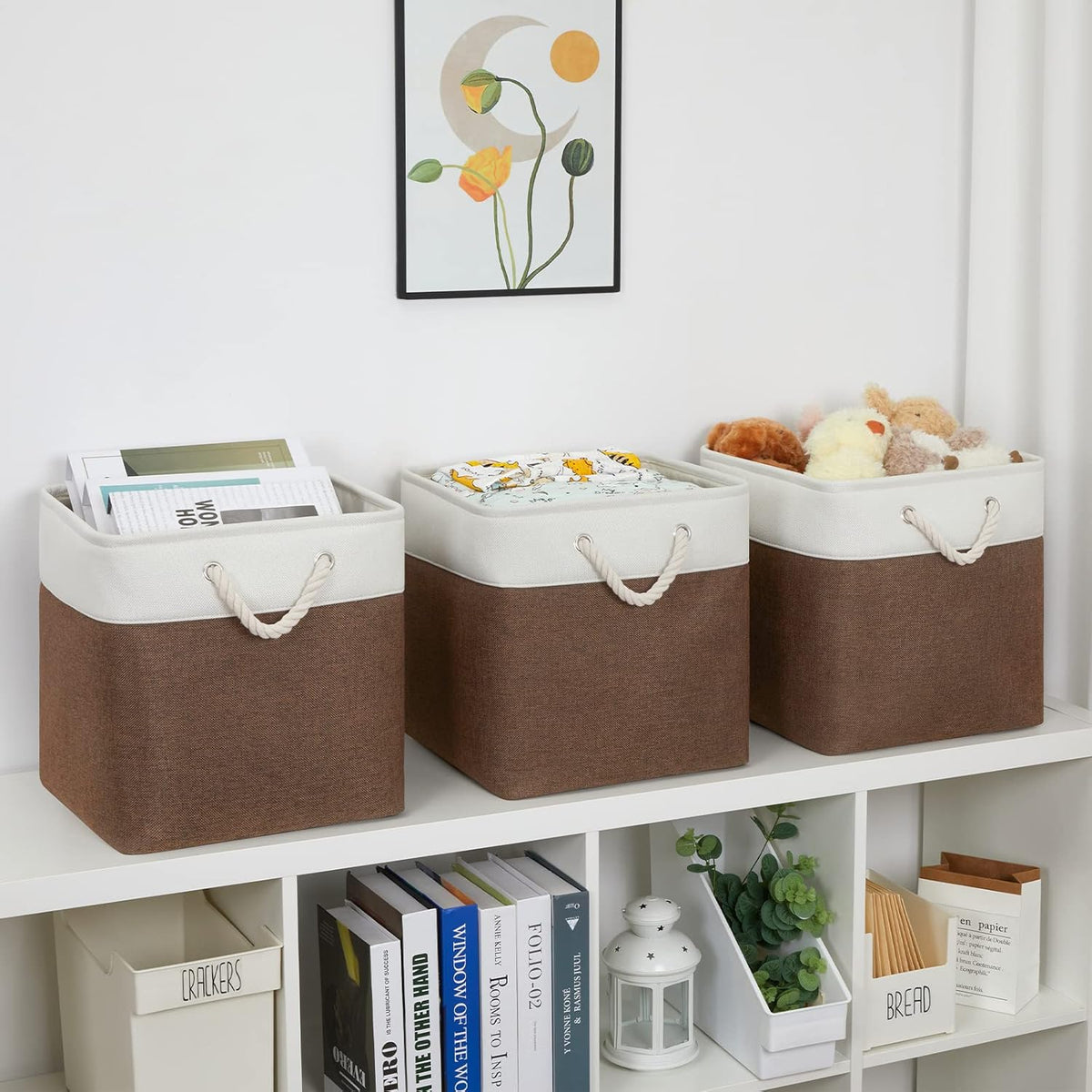 Bidtakay Collapsible Rustic Cube Storage - Brown Cloth Baskets with Handles, 13x13x13 Inch, Set of 3 Fabric Storage Bins