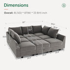 HONBAY Velvet Sectional Sofa Couch with Storage - Modular Sleeper for Living Room, Grey