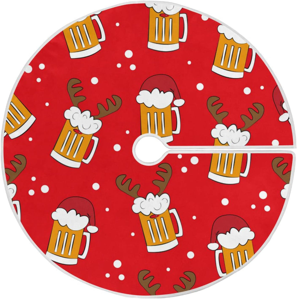 Christmas Funny Beer Tree Skirt, Seasonal Tree Mat Holiday Party Supplies Ornaments Indoor Outdoor Decorations for Tabletop Trees 35.4 Inches