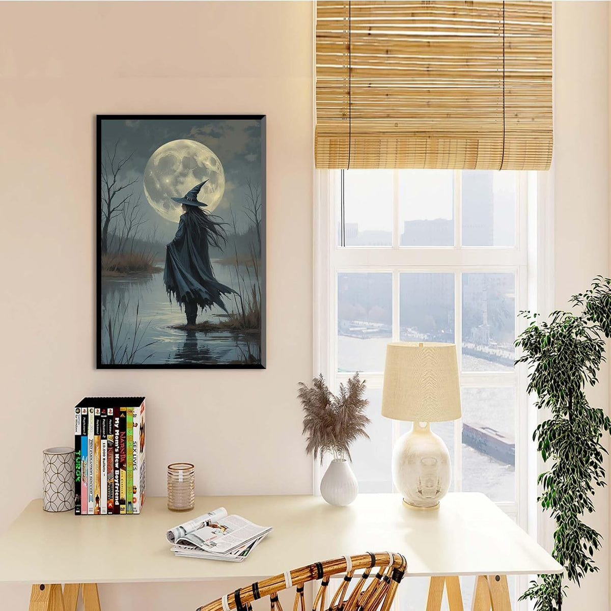JFHCQJPK Witch in the moonlight magic canvas wall art enchanting Halloween home decor swamp witch silhouette oil painting mysterious gothic aesthetic wall decor print poster16x24in Metal blackFramed