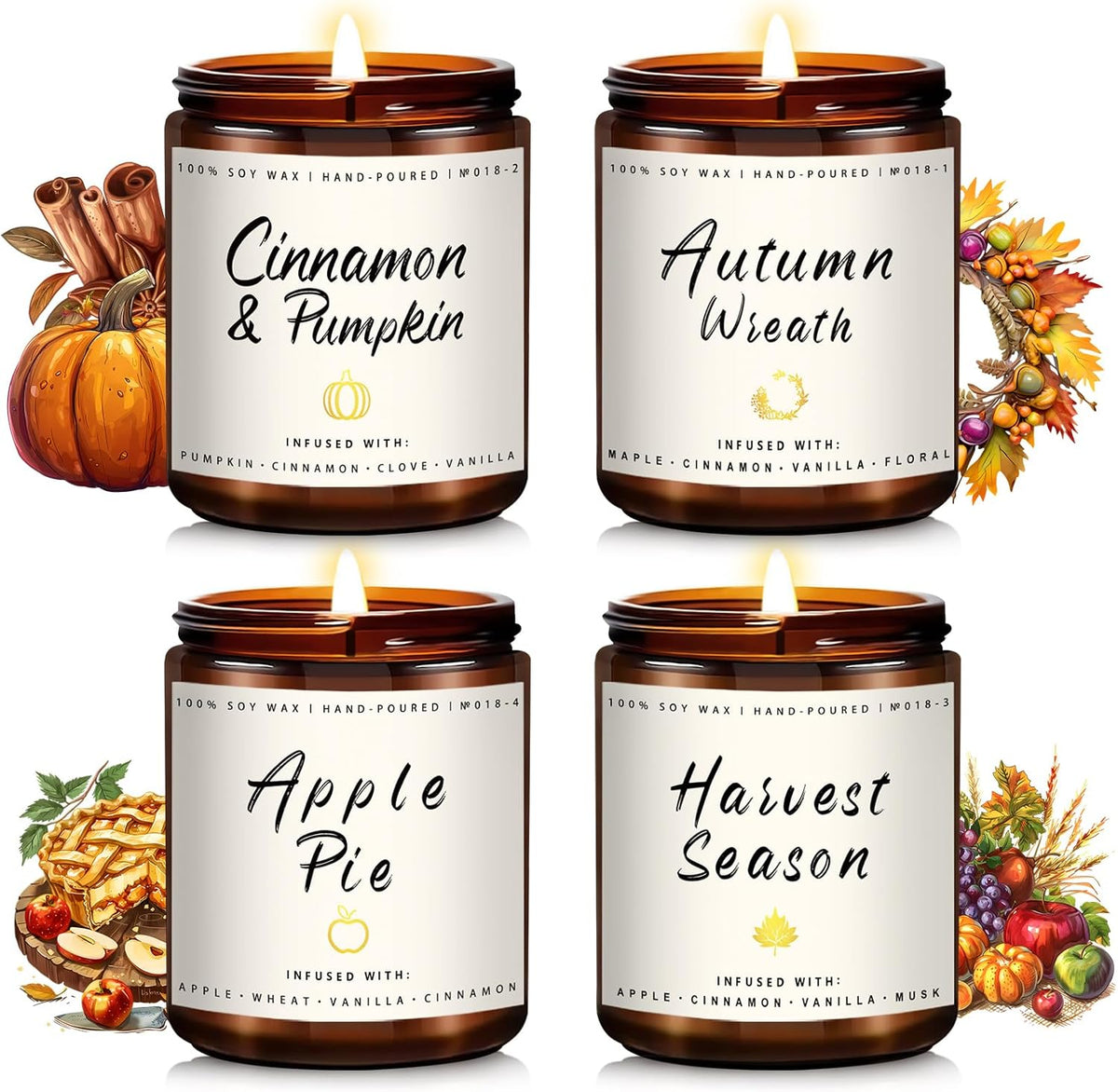 Auelife Fall Candle Set | 4 Pack Scented Candles for Home - Candle Gifts for Women Men, Soy Candles Home Scented | Autumn Fragrance of - Apple Pie/Cinnamon/Harvest/Wreath