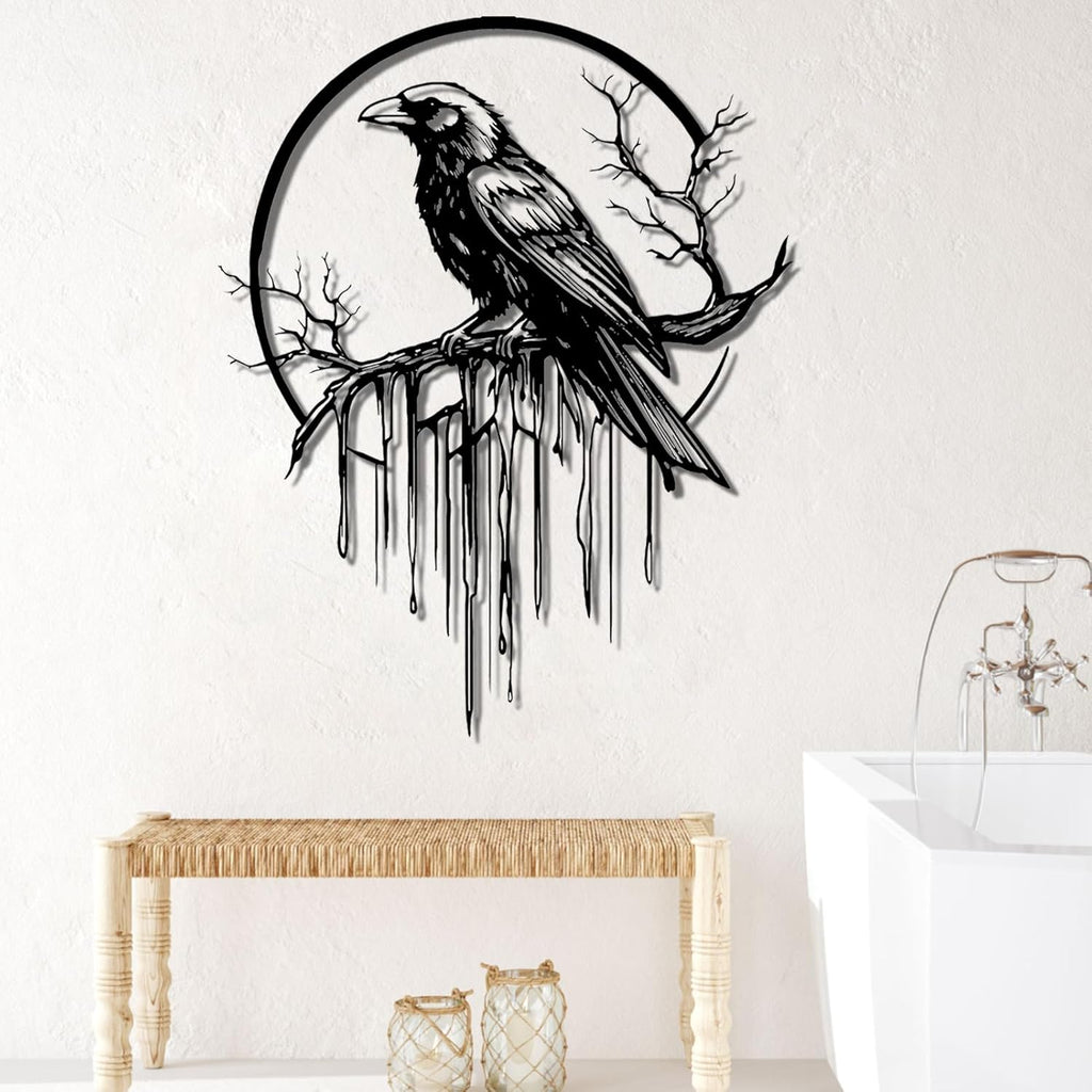 Crow Metal Wall Decor, Raven Wall Art, Large Gothic Raven Decor Hangings, Bird Wall Decor, Metal Tree Branch Decor, Ravens Sign, Raven Art for Living Room (Black, 24"x19" | 60x48cm, metal wall art)