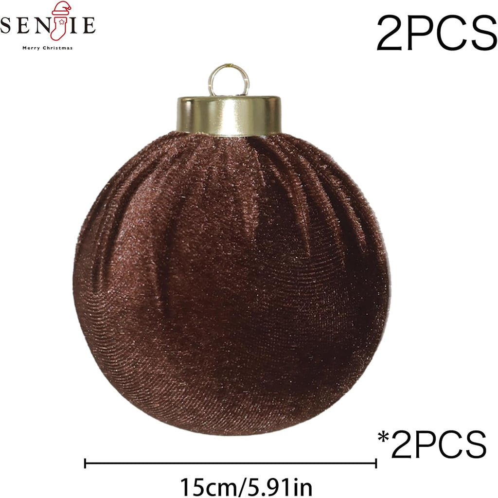 6inch Big Brown Velvet Christmas Ornaments, 2pcs Flocked Ornaments Balls Sets for Christmas Tree Decorations