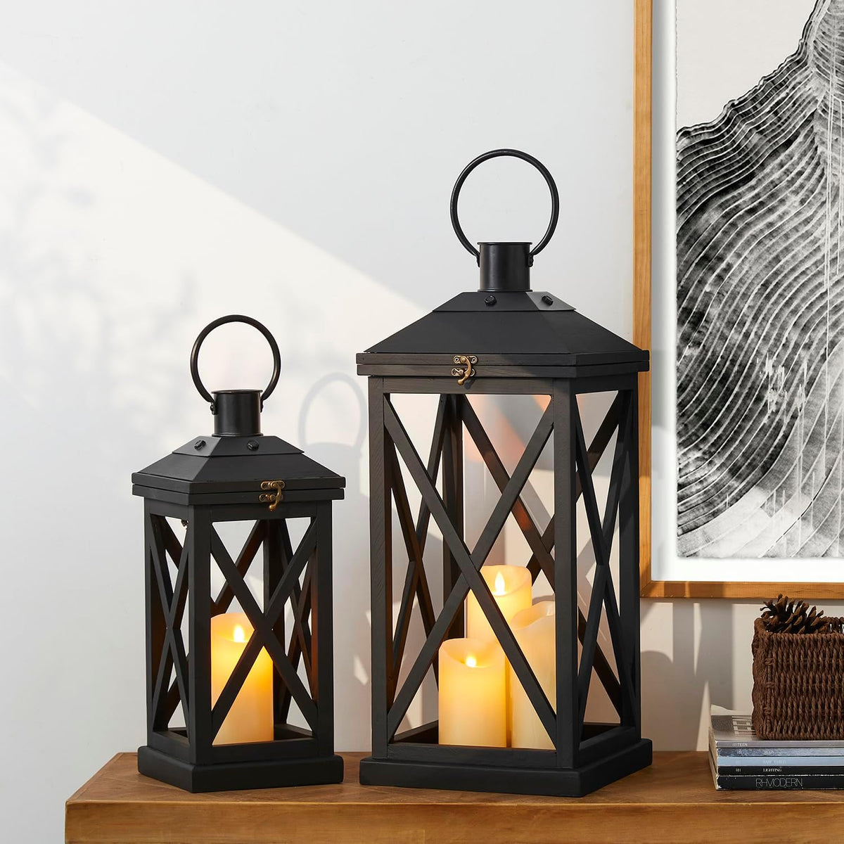 Glitzhome Modern Farmhouse Wooden Lantern Hanging Decorative Candle Lantern for Outdoor & Indoor Black Set of 2 (No Glass)