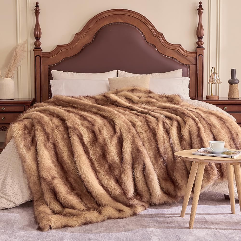 Fluffy Faux Fur Throw Blanket – Super Soft Warm Thick Plush Blanket for Bed, Couch & Office, Cozy Fuzzy Throw with Flannel Backing,90"x90", Brown