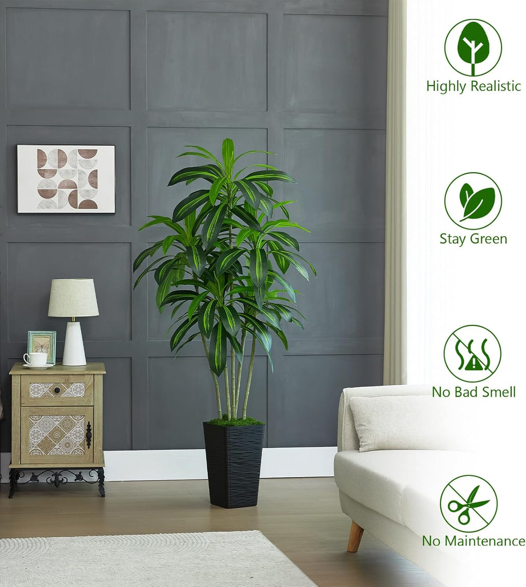 Artificial Dracaena Tree Artificial Silk Tree Faux Tree with White Tall Planter Fake Tropical Yucca Floor Plant (1, White Tall Planter, 5 FT)