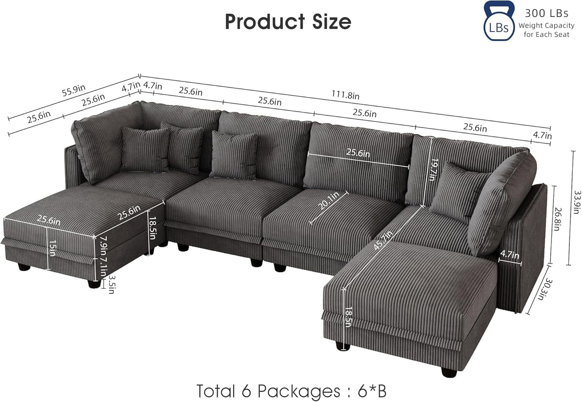 LLappuil Modular Sectional Sofa with Storage Seats, Corduroy Convertible Modular U Shaped Sectional Couch for Living Room, 6 Seat Oversized Sofa with 6 Back Cushion 6 Throw Pillow, Grey