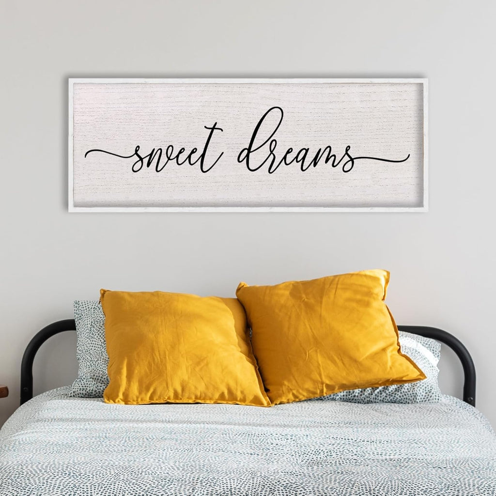 LuZhiQiang Sweet Dreams Wall Decor Sign 40"X15" Master Bedroom Over Bed Wall Wood Framed Art (White)