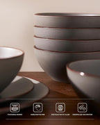 Famiware Venus Plates and Bowls Sets, 12 Pieces Stoneware Speckled Dinnerware Sets, Dishes Set for 4, Microwave and Dishwasher Safe, Matte Dark Grey