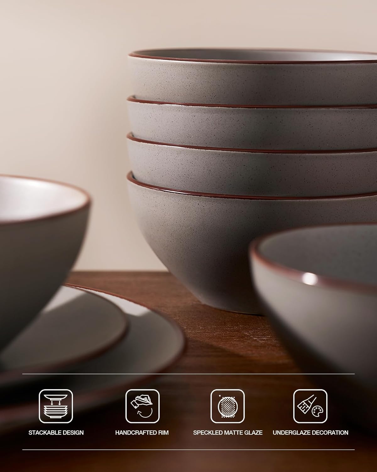 Famiware Venus Plates and Bowls Sets, 12 Pieces Stoneware Speckled Dinnerware Sets, Dishes Set for 4, Microwave and Dishwasher Safe, Matte Dark Grey