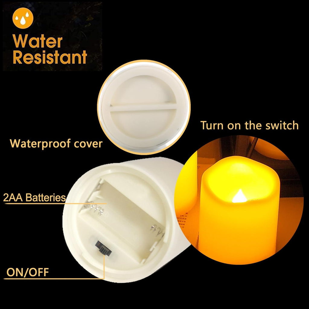 CANDLE CHOICE Waterproof Outdoor Battery Operated Flameless Candles with Timer Flickering Plastic Resin Electric LED Pillar Lights for Lantern Patio Garden Wedding Party Decorations 3x5 Inches 2 Pack