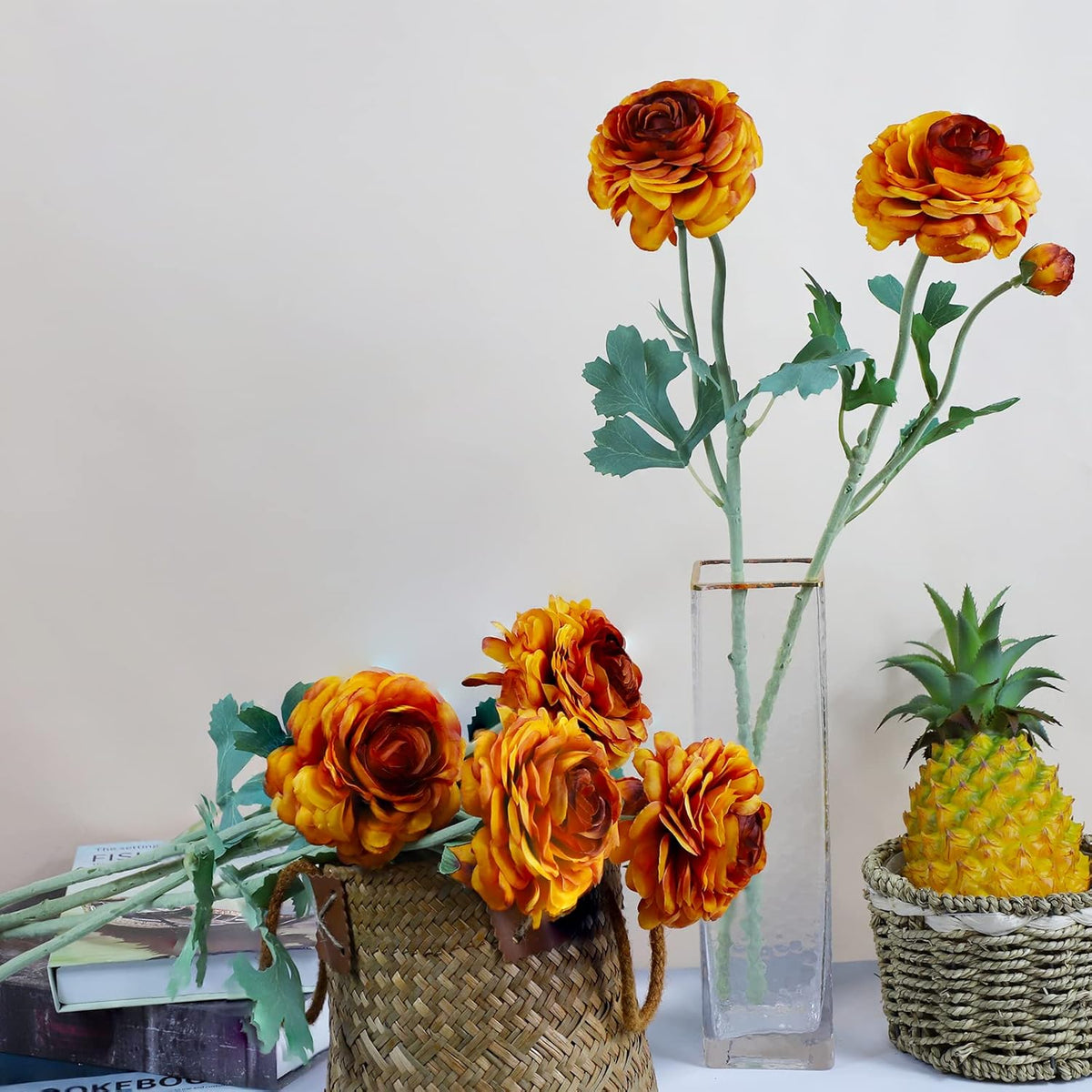 Artificial Flowers Ranunculus Long Stem Buttercup Silk Flowers 6 pcs for Home Decor and Wedding Decorations(Burnt Orange)