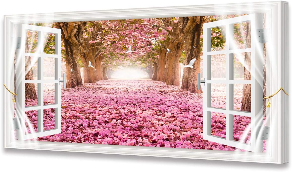 AH40162 Wall Art CanvasTrees and Pink Rose Paintings Printed Pictures Stretched and Framed Canvas Paintings Ready to Hang for Home Decorations Office Wall Decor Artwork