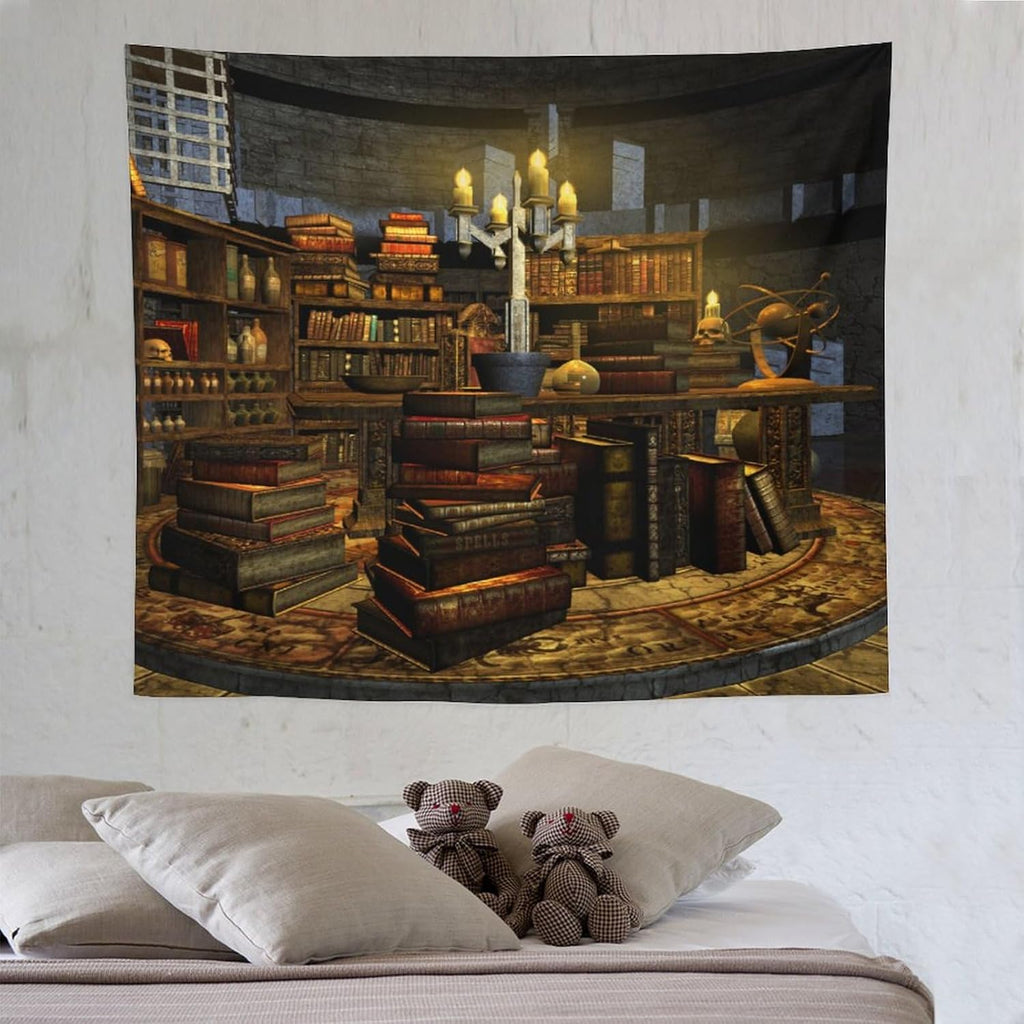 Kurtect Library Tapestry,Vintage Medieval Bookshelf Wooden Bookcase Antique Magic Art Tapestries for Party Beach Picnic Blankets Tablecloths Living Room Wall Deocr, 50x60 in