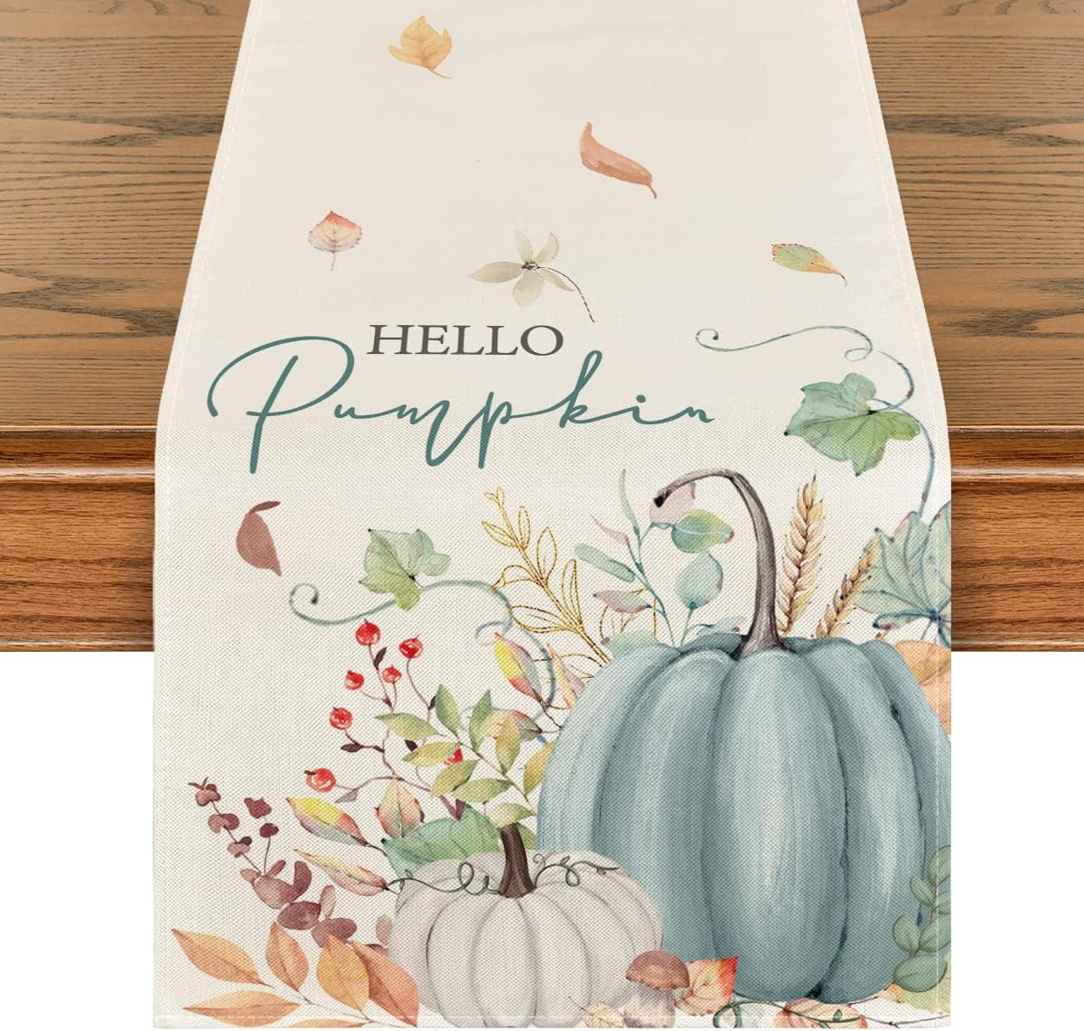 Artoid Mode Aqua Hello Pumpkin Leaves Fall Table Runner, Seasonal Autumn Kitchen Dining Table Decoration for Home Party Decor 13x48 Inch