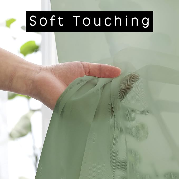 2 Panels Window Sage Green Sheer Curtains 42" x 45" Inches - Image 2