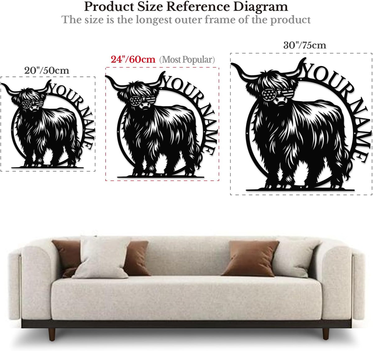 Personalized Highland Cow Name metal Signs,Custom Highland Cow Metal Shed Wall Decor,Black Metal Wall Art Plaques Outdoor wall Decorative Signage (Style G)