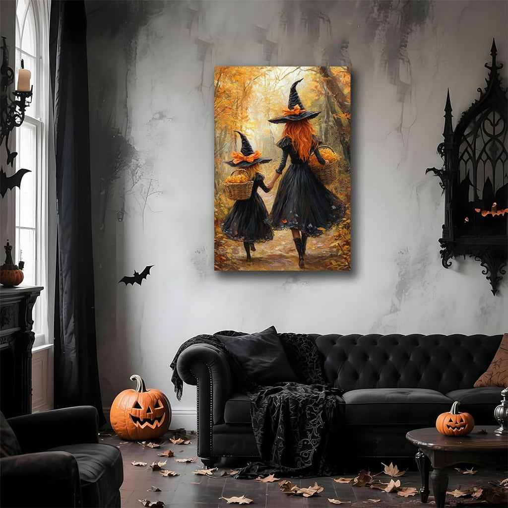 Mother Witch And Child Daughter Witch Wall Art,Halloween Autumn Woodland Forest Path Picture,Family Room Nursery Playroom Kids Room Decor,16"x24" Framed