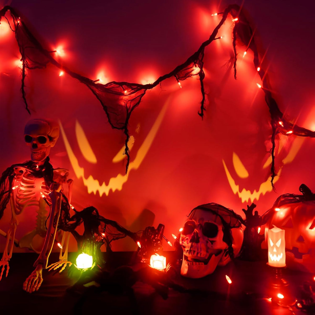 Halloween Horror Atmosphere Lights, Orange&Purple LED String Lights with 9.9FT Creepy Black Gauze, Battery Powered with Timer & 8 Flashing Modes (Red)