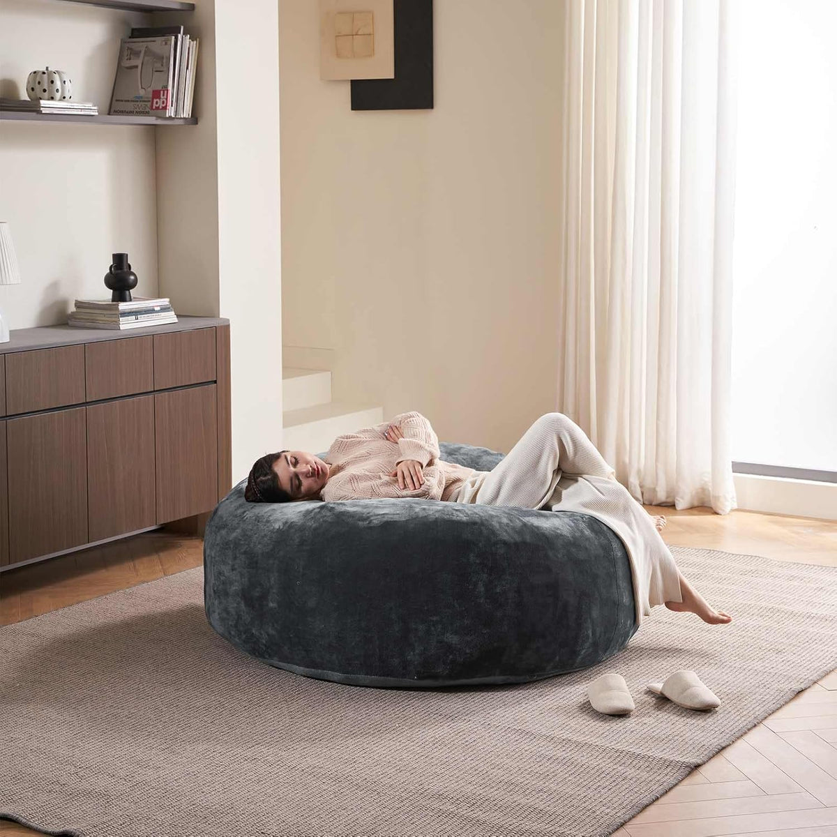 4FT Large Bean Bag Chairs,Big Adult Size Memory Foam Beanbags with Filler Included,Machine Washable Corduroy Cover,Soft Plush Gaming Bing Bag Puff Chair for Dorm, Living Room & Bedroom (Dark Gray)