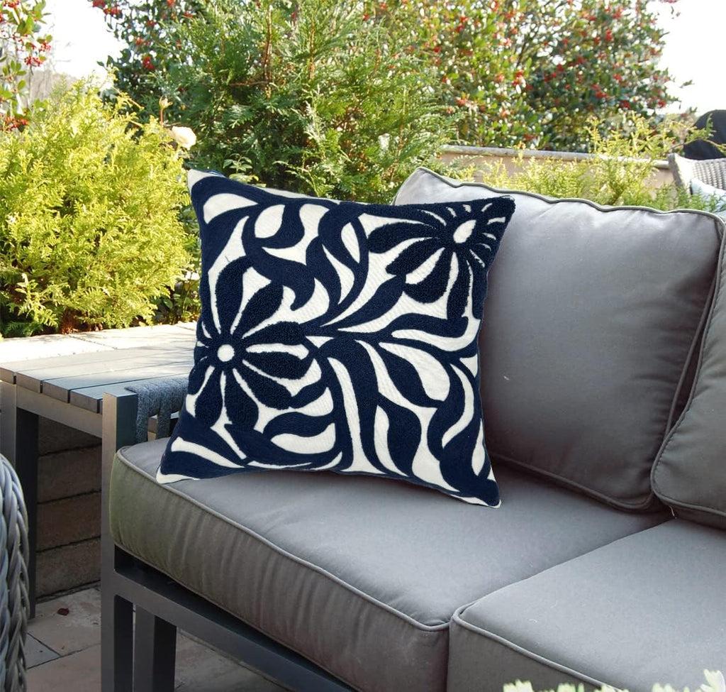 Alysheer Farmhouse Floral Leaves Embroidered Decorative Throw Pillow Cover 18x18 inches, Boho Tufted Flowers Embroidery Pattern Chic Cotton Cushion Case for Couch Bed Sofa Living Room(Navy Blue)