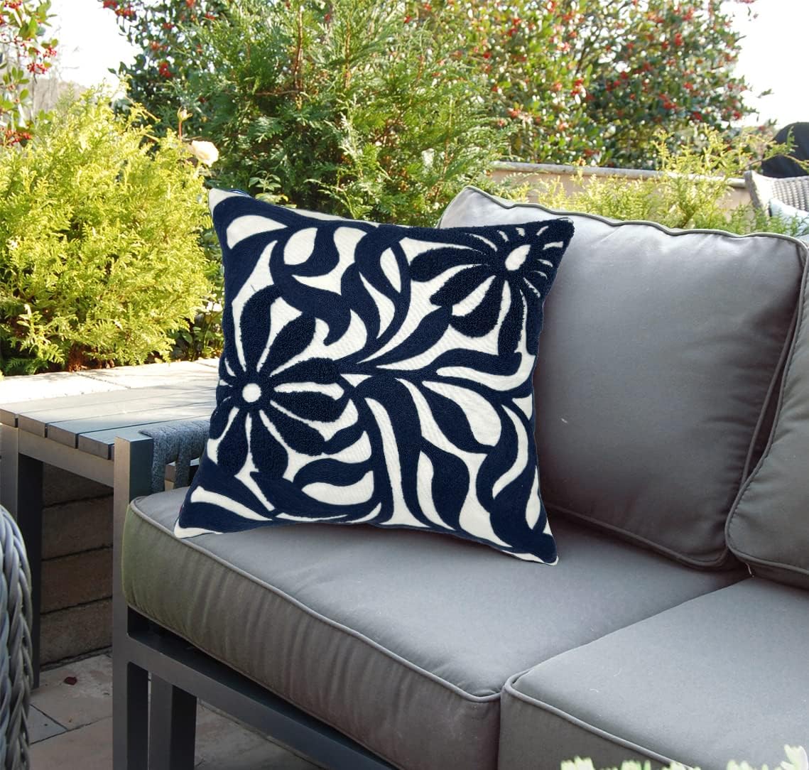 Alysheer Farmhouse Floral Leaves Embroidered Decorative Throw Pillow Cover 18x18 inches, Boho Tufted Flowers Embroidery Pattern Chic Cotton Cushion Case for Couch Bed Sofa Living Room(Navy Blue)
