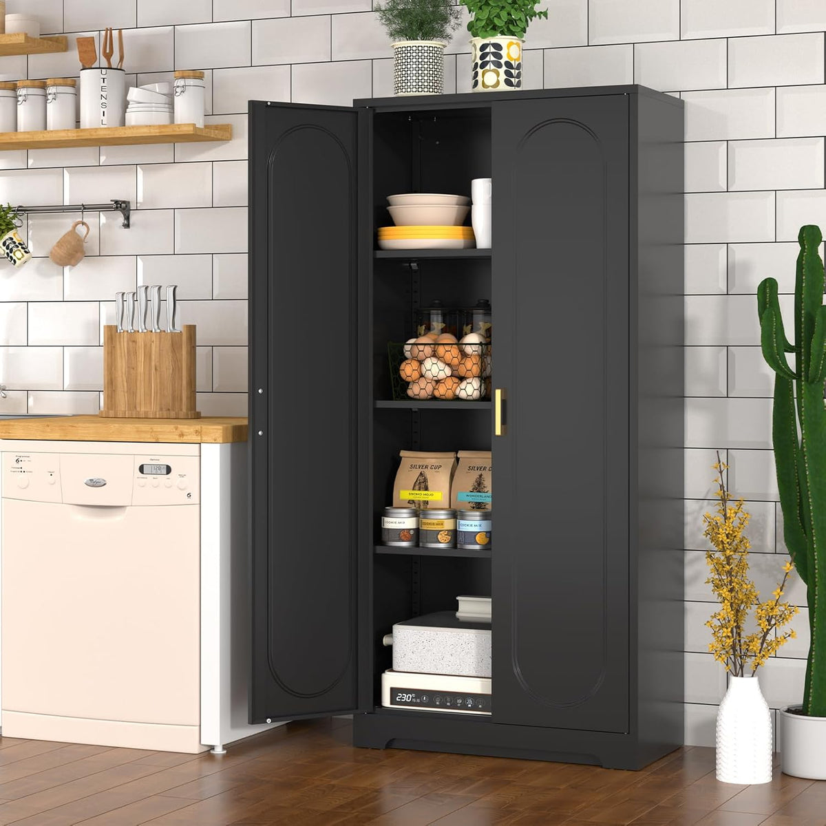 60" Tall Kitchen Pantry Cabinet, Metal Pantry Cabinet with Doors and Adjustable Shelves, Black Utility Storage Cabinet with Handles for Dining Room, Bathroom, Laundry Room - Assemble Required