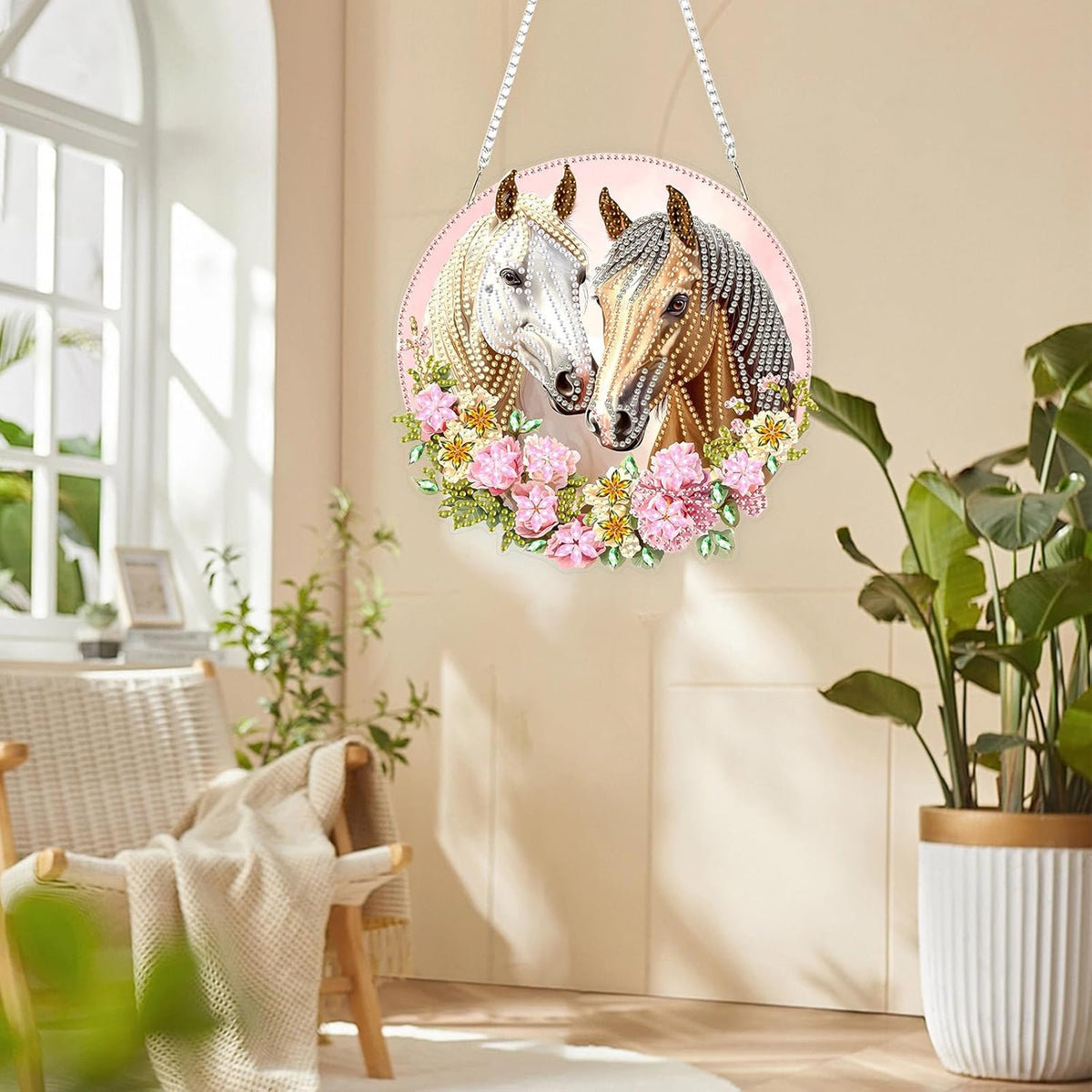 Lxmsja DIY Two Horses Diamond Painting Hanging Ornament, Double-Sided Acrylic Flowers Diamond Art Kit, Special Shaped Drill Pendant Window Art Kit, Suncatcher Hanging Craft Decoration 8x8 inch