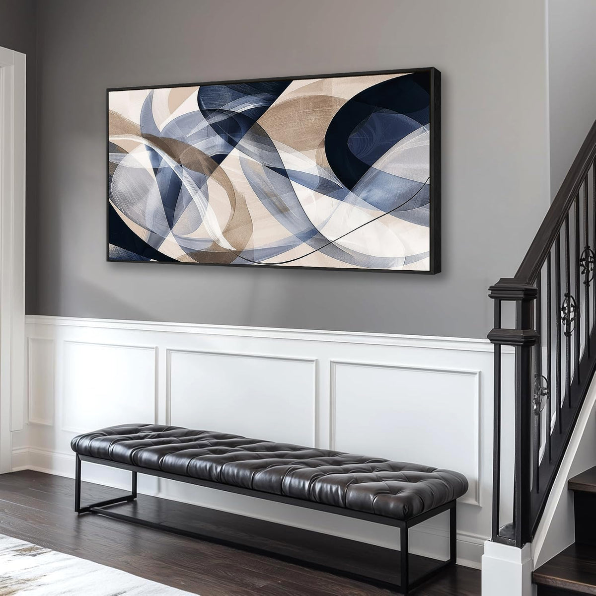 Modern Geometric Abstract Canvas Wall Art 40 x 20 inches Navy Blue and Beige Tones Canvas Painting Framed Home Artwork Living Room Decor for Bedroom Office Wall Decor