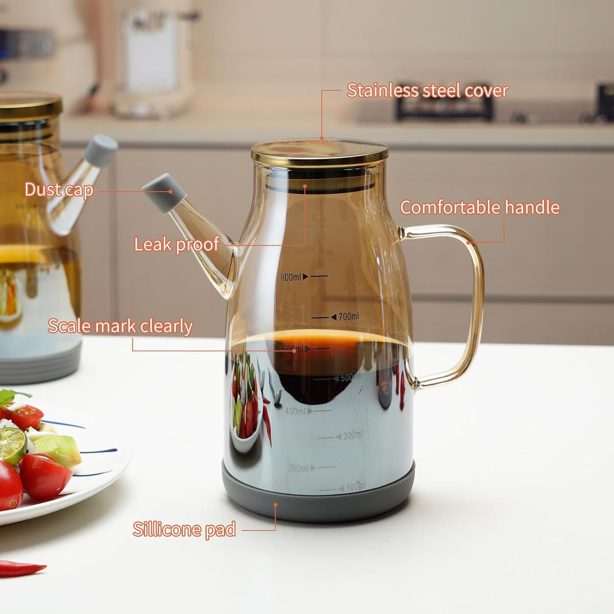 Large Glass Oil Dispenser Bottle for Kitchen Cooking Recipiente Para Aceite De Cocina Olive Oil Vinegar Dispenser Cruet Stainless Steel Lid No Drip Liquid Container (Champagne, 20oz / 600ml)
