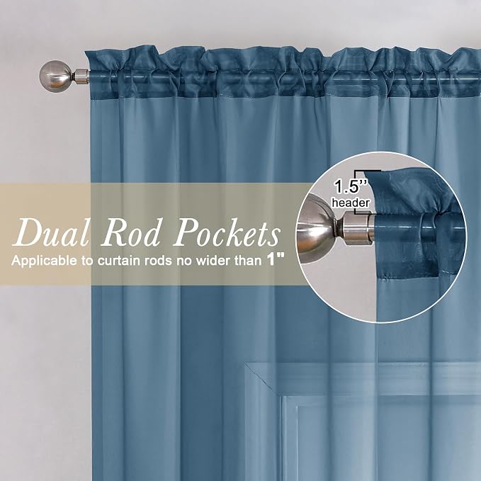 Dusty Blue Sheer Curtains 54 Inch Length 2 Panels, Light Filtering Voile - Image 2