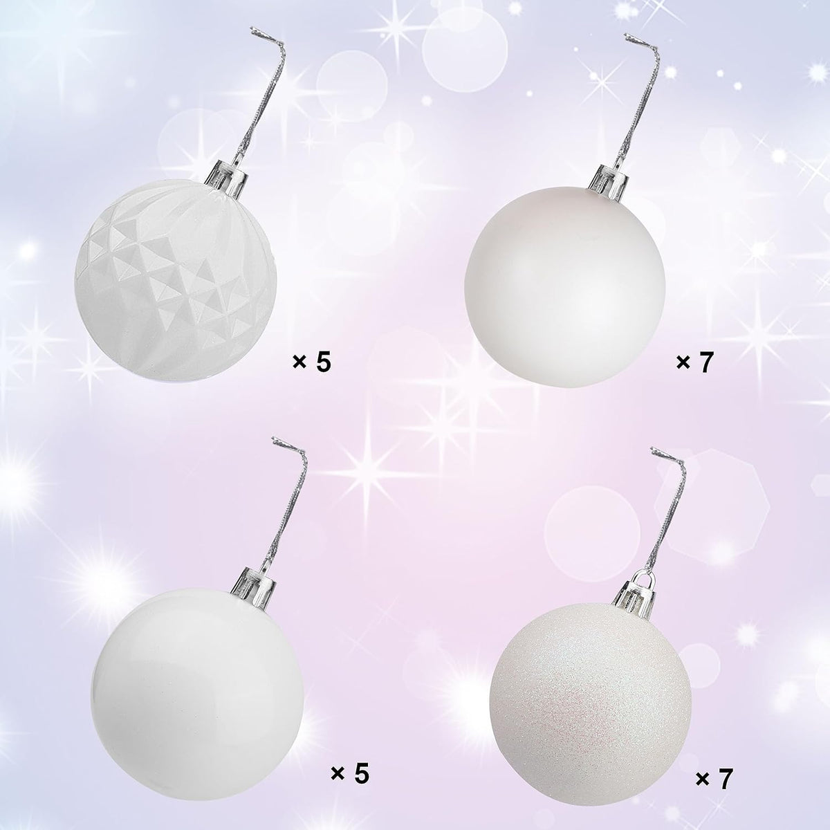 Lulu Home Christmas Ball Ornaments, 24 Ct 2.36" Pre-Strung Hanging Ornament Decorations, Xmas Shatterproof Plastic Balls for Holiday Party Wreath Garlands Trees, White