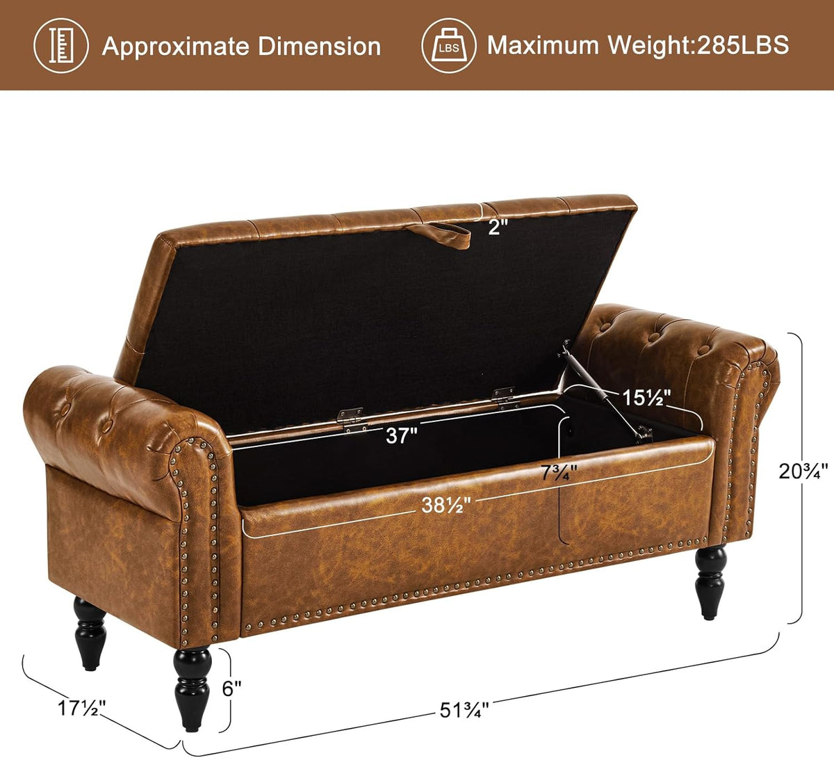 Furniliving Storage Ottoman Bench, Leather Benches End of Bed Bench with Solid Wood Legs Upholstered Ottoman Bench with Storage Indoor Bench for Living Room with Rolled Arm, Entryway, YellowBrown