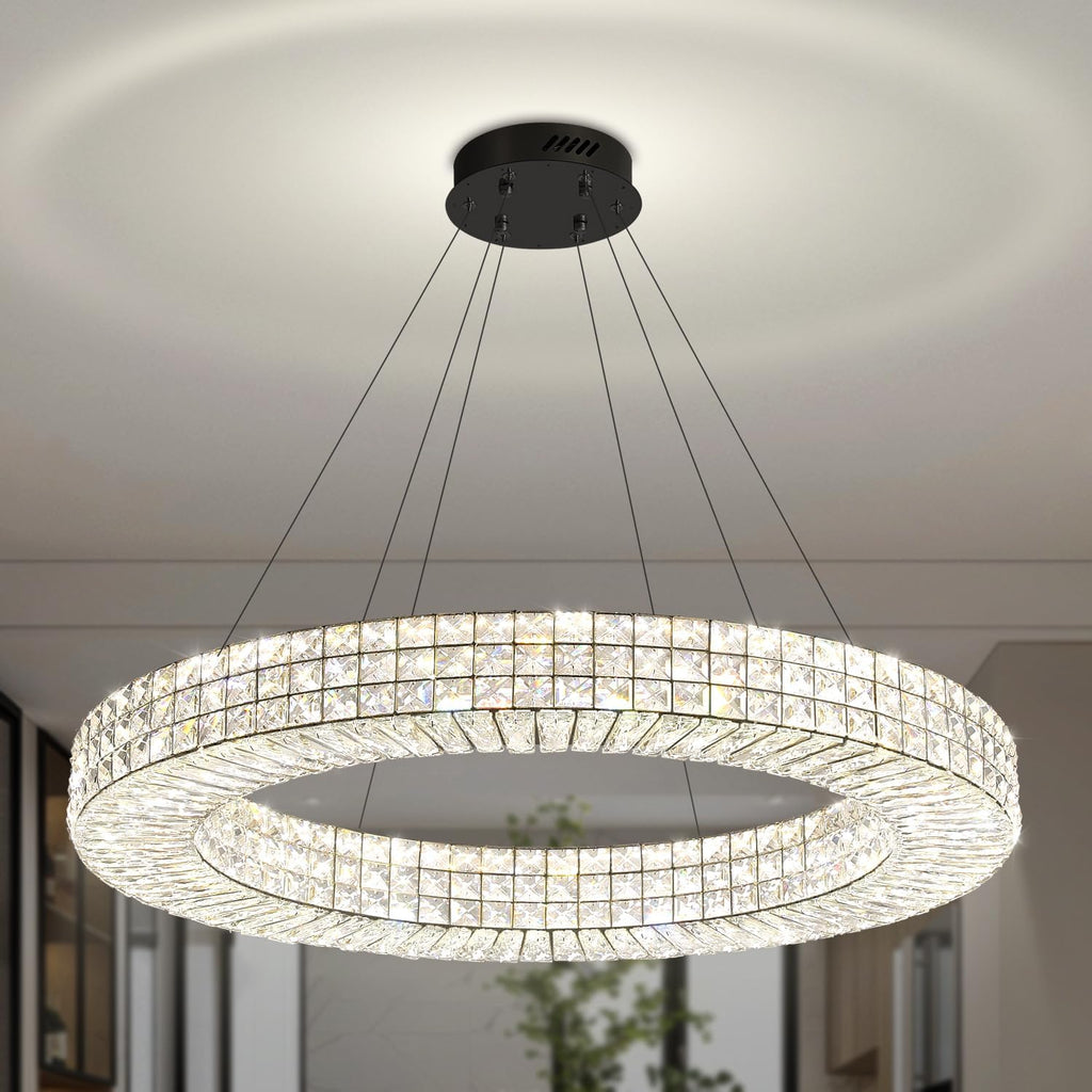 Dia 40" Modern Chandelier Ring Crystal Chandelier Adjustable Height Luxury Crystal Pendant Ceiling Light Fixture for Dining Living Room Bedroom