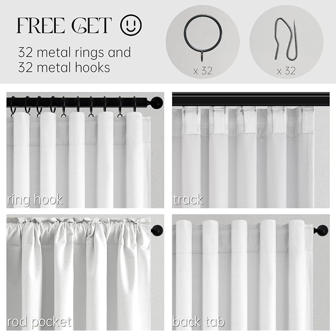 90 inch long 100% Blackout linen curtains 2 Panels set Beige White Window Drapes - Image 3