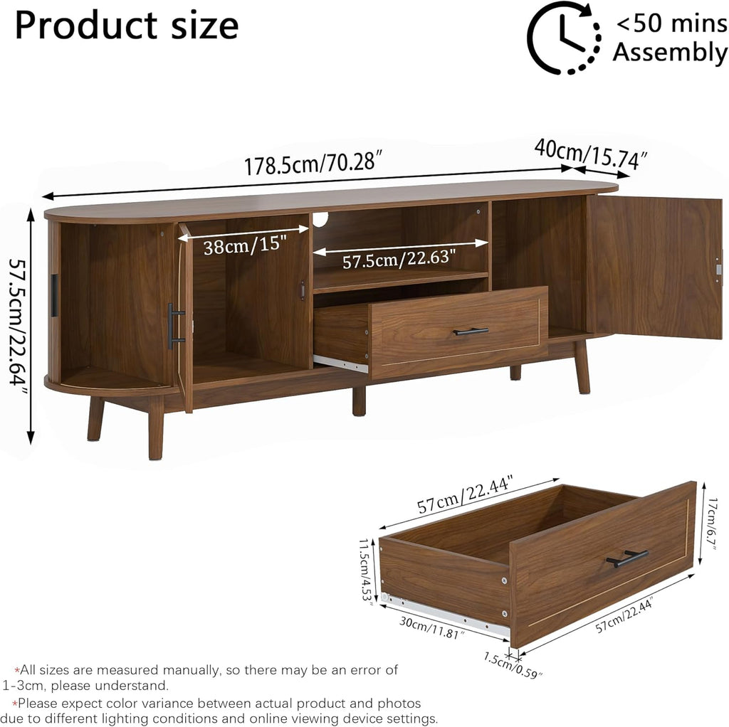 70" Fluted TV Stand for Tvs up to 80", Mid-Century Modern Entertainment Center with Drawers and Fluted Doors, Curved TV Media Console Table with Sliding Doors for Living Room, Bedroom (70")