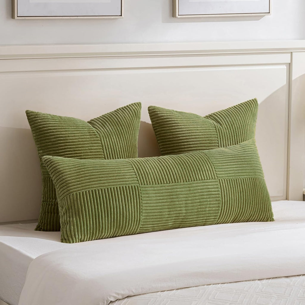 Fancy Homi 2 Packs Moss Green Euro Decorative Throw Pillow Covers 26x26 Inch for Bedroom Couch Bed, Farmhouse Boho Home Decor, Soft Corss Corduroy Patchwork Textured Square Cushion Case 66x66 cm