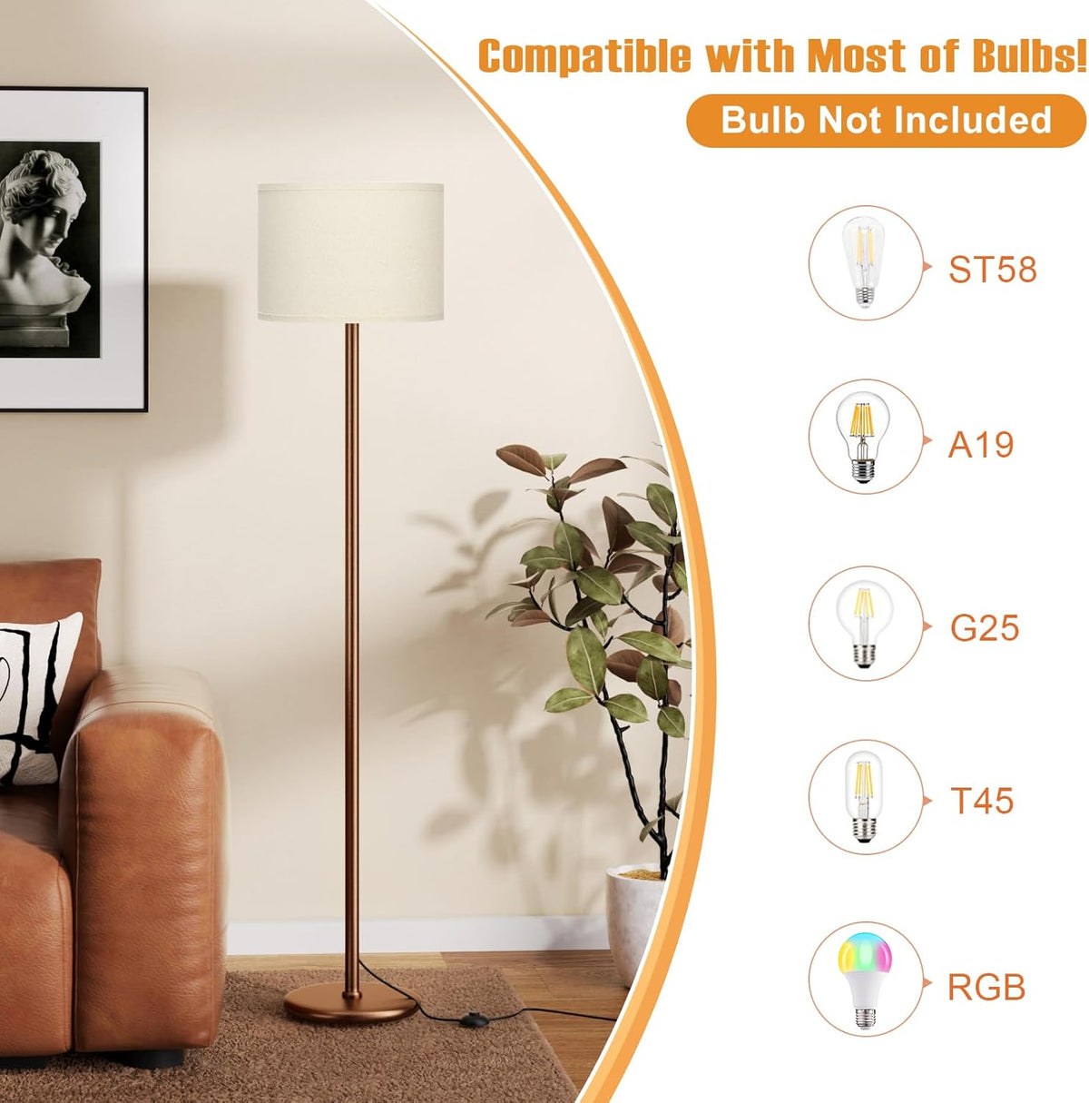 Ambimall 60'' Modern Floor Lamp with Shade, Tall Lamps for Living Room, Bedroom, Office, Dining Room, Beige Shade with Brown Pole(Without Bulb)