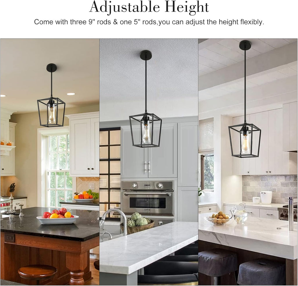 1-Light Black Pendant Light Fixture Farmhouse Iron Cage Metal Pendant Light Lantern Hanging Light Fixtures with Clear Glass Shade for Kitchen Island, Entryway, Dining Room, Hallway 5.9*5.9*8.27IN