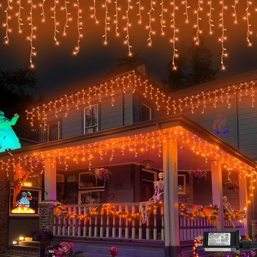 QITONG Orange Lights for Halloween, 33ft 400 LED Icicle Light for Outside with 8 Modes, Clear Wire Connectable Christmas Lights Indoor Plug in