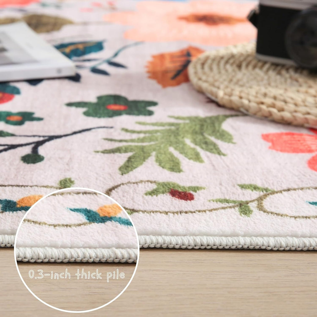 Door Mat Indoor Entrance 2x3 Rug Machine Washable Boho Floral Small Area Rug Non-Slip Low Pile Throw Rugs for Entryway, Kitchen, Front Door Indoor Entrance, Entry, Kids Room (Beige)
