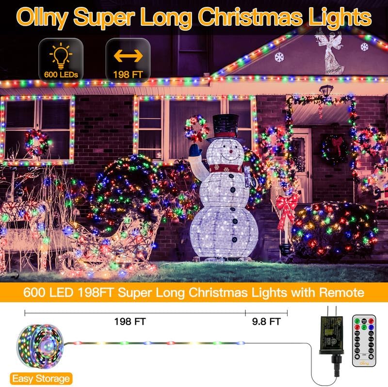 Ollny Christmas Lights, 198 FT 600 LED Outdoor Waterproof Plug in Christmas Tree Lights with 8 Modes Remote Timer, String Lights for House Yard Outside Indoor Xmas Decorations Multicolor