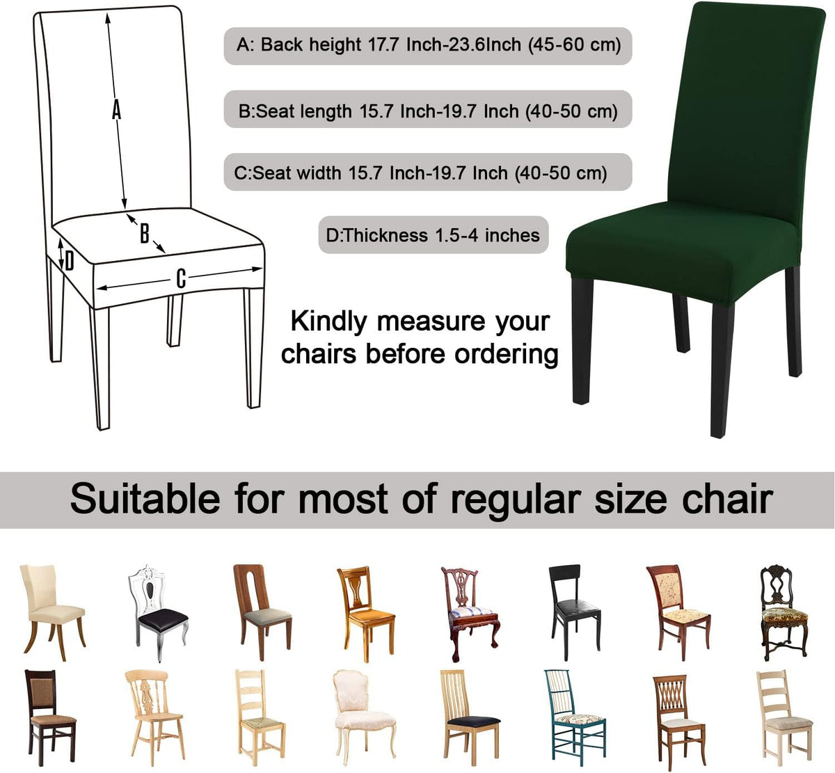 JQinHome Chair Covers for Dining Chairs, High Stretch Removable Washable Chair Protector Cover Set of 4, Chair Slipcovers for Dining Room, Kitchen,Home Party,Wedding Ceremony(Hunter Green, 4PC)