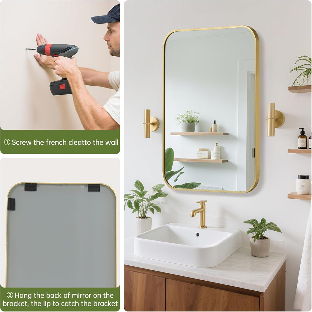 FARMER 30x36 Inch Gold Bathroom Mirror, Rectangle Vanity Mirror, Brushed Mirrors for Wall, Metal Frame Hanging Mirror with Round Corner for Bedrooms, Entryways, Living Rooms, Horizontal/Vertical
